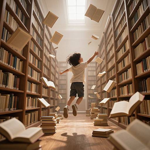 Photograph of a child with black hair, white shirt, and blue shorts, joyfully running through a sunlit, book-filled library with floating books
