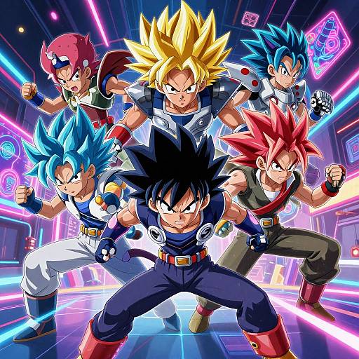Digital art of five anime warriors with spiky hair, neon-lit background, and dynamic stances, wearing colorful martial arts outfits, ready to fight