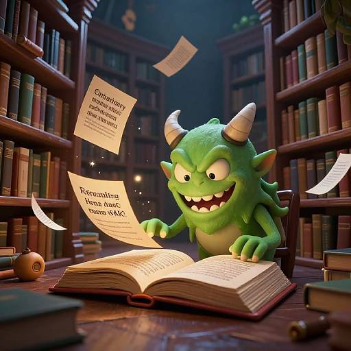 Mischievous Horned Creature in Magical Library