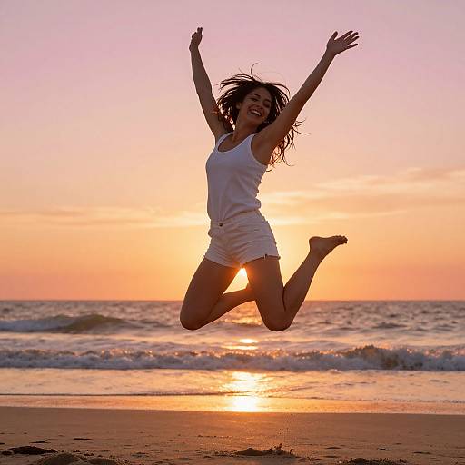 Photograph of a joyful woman in a white tank top and shorts, mid-jump, against a vibrant sunset and ocean backdrop.