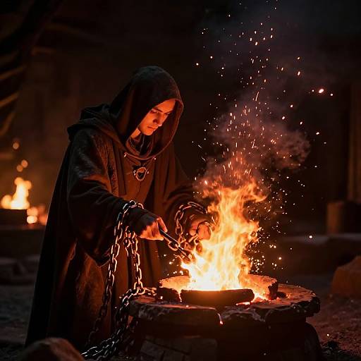 Photograph of a hooded figure in dark robes, hands in chains, tending a bright, fiery campfire at night, with sparks flying.
