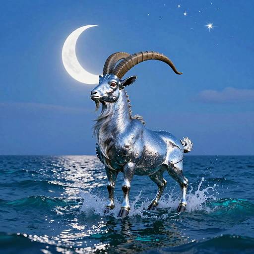 Silver metallic goat with curved horns stands in ocean waves under a bright crescent moon in a vibrant blue sky. Digital art.