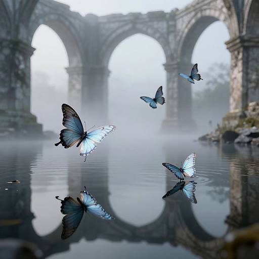 Photograph of blue butterflies with black edges flying above a reflective water surface, with misty, ancient stone arches in the background.