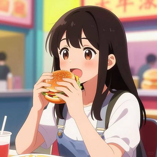 Joyful Anime Girl Eating Burger