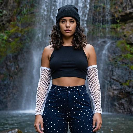 Confident Woman Standing by Waterfall