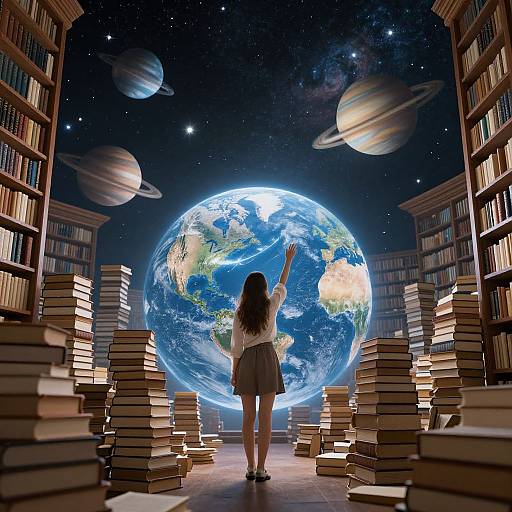 Digital art: Young woman in white blouse and gray skirt, standing in a library aisle, reaching towards a giant, glowing Earth with Saturn, Jupiter,