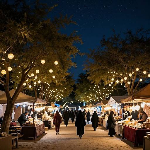 Photograph of a nighttime outdoor market, illuminated by string lights, with people in coats walking between vendor stalls under tree canopies.