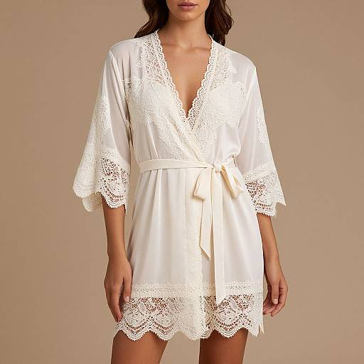 Photograph of a woman in a white lace-trimmed, V-neck satin robe with a tied waist, standing against a plain beige background.