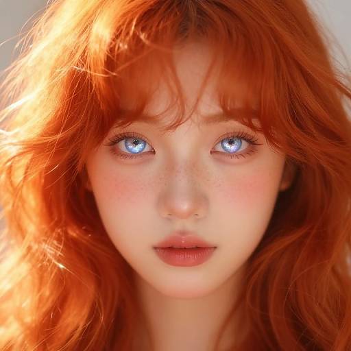 Photograph of a young woman with vibrant red, wavy hair, striking blue eyes with heart-shaped pupils, and freckled fair skin, g