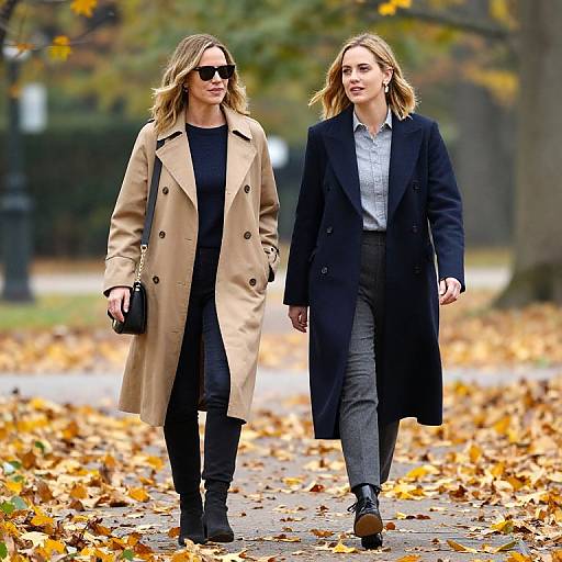 Photograph of two women walking on a leaf-strewn path in autumn; one in a tan coat and black sunglasses, the other in a navy