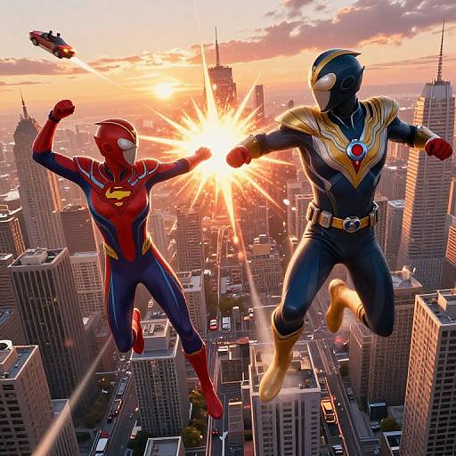 CGI image of two superheroes, Spider-Man (red suit) and Blue Beetle (blue and gold suit), flying over a cityscape at sunset,
