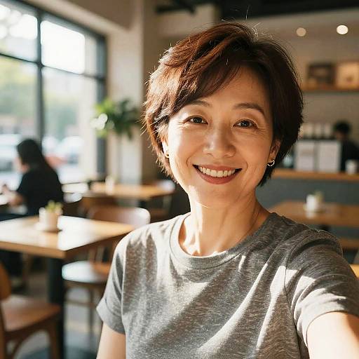 Photograph of a smiling middle-aged Asian woman with short brown hair, wearing a gray t-shirt, seated in a sunlit, cozy café.