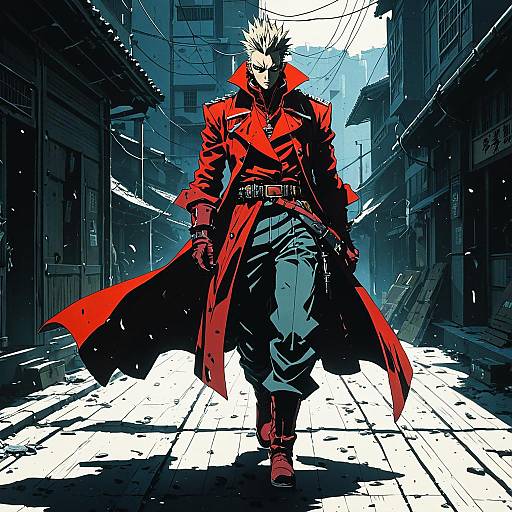 Anime Character in Red Coat Walking Through Alley