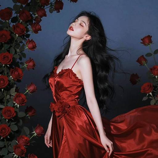 Serene Woman in Flowing Red Dress