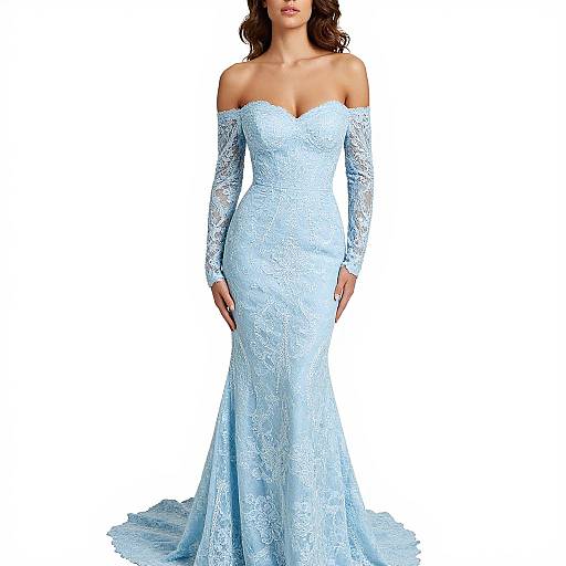 Photograph of a woman in an off-shoulder, long-sleeved, light blue lace wedding dress with a fitted bodice and flowing train