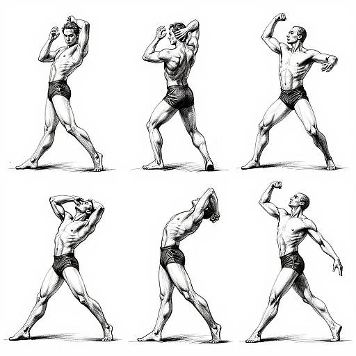 Black-and-white sketch of six muscular men in briefs, each striking different dance poses, showcasing varied dynamic movements and strong, defined physiques.