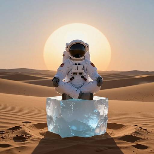 Photorealistic CGI of an astronaut in a white spacesuit sitting on a glowing ice cube in a sunlit desert.
