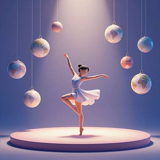 Photograph of a ballerina in a white dress, standing on a circular spotlight, surrounded by hanging, globe-shaped ornaments with world maps, against