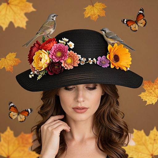 Photograph of a woman with wavy brown hair, wearing a black hat adorned with colorful flowers and two birds, surrounded by orange autumn leaves and orange