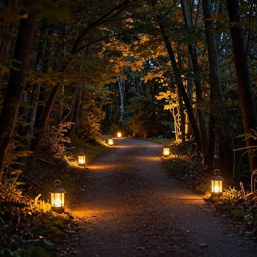 Photograph of a dimly lit, winding forest path adorned with glowing lanterns, casting warm light through dense, dark trees.