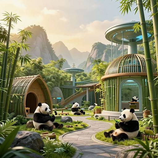 Photorealistic CGI of a serene bamboo forest with giant pandas lounging on a curved stone path, beside modern, glass-domed structures with mountainous