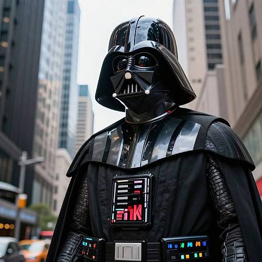 Photograph of a person in a shiny black Darth Vader costume standing in a bustling urban street with tall buildings. Bright city lights reflect off the costume's