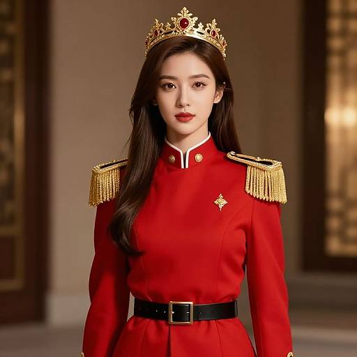 Regal Female Soldier in Red Uniform