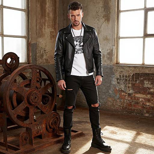 Photograph of a handsome, dark-haired man in a black leather jacket, white tee, ripped jeans, and black boots, standing in a sunlit