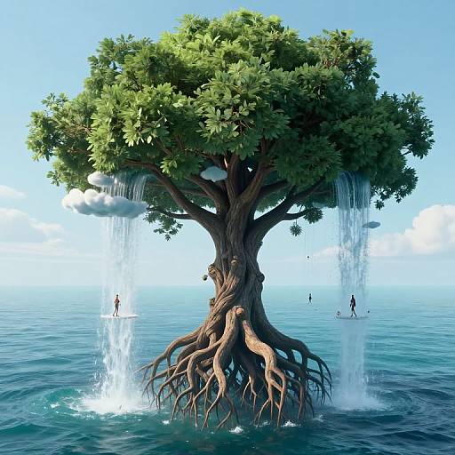 Digital art of a fantastical tree with lush green leaves, water flowing from its branches, and people standing on the roots in a calm, blue ocean