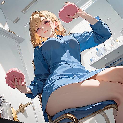 Anime-style digital drawing of a blonde woman in a blue dress, sitting on a stool, holding pink puffs in a bright kitchen.