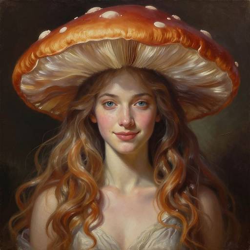 Digital painting of a fair-skinned, blue-eyed woman with long, wavy brown hair, wearing a large, red-spotted mushroom hat, against