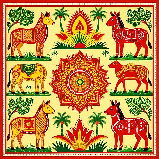 Vibrant digital illustration of five intricately patterned, colorful horses with red and yellow designs, surrounded by palm trees and elaborate mandalas,