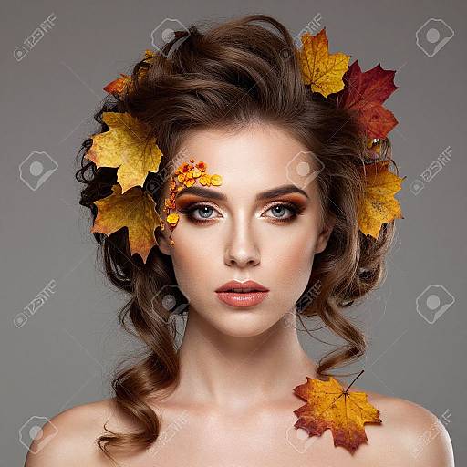 Photograph of a fair-skinned woman with blue eyes, brown wavy hair adorned with autumn leaves, against a gray background.