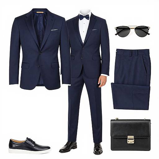 Photograph of a formal dark navy blue men's suit, white shirt, black bow tie, black sunglasses, black skirt, black shoes, and black