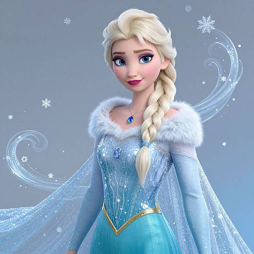 Digital illustration of Elsa from Frozen, with a braided blonde ponytail, blue icy dress, white fur trim, and sparkling snowflakes.