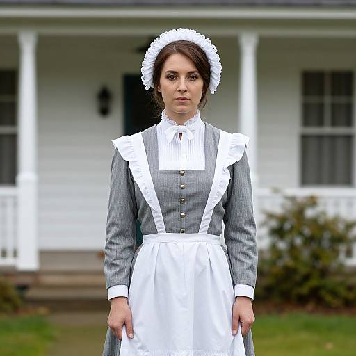Photograph of a serious young woman in a gray and white Victorian-style maid outfit with a white headband, standing in front of a white, colonial