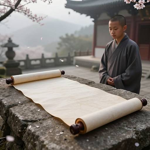 Photograph of a young Asian boy in traditional gray robe, standing beside a stone table with unrolled, white parchment scrolls. Background: misty,