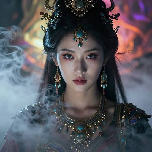 Photographic-style digital art of an ethereal Asian woman with dark hair, adorned in intricate gold jewelry and turquoise accents, surrounded by mist, against a