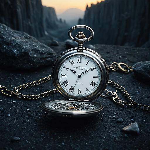 Silver Pocket Watch on Rocky Surface at Dusk