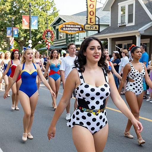 Photograph of a parade featuring women in retro-style swimsuits, one in a black-and-white polka dot, walking down a street with 