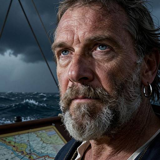 Photograph of a rugged, middle-aged man with gray beard and blue eyes, wearing a hoop earring, looking determined against a stormy sea and