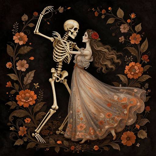 Digital artwork of a skeletal figure dancing with a woman in a flowing, floral dress, surrounded by vibrant orange flowers against a black background.