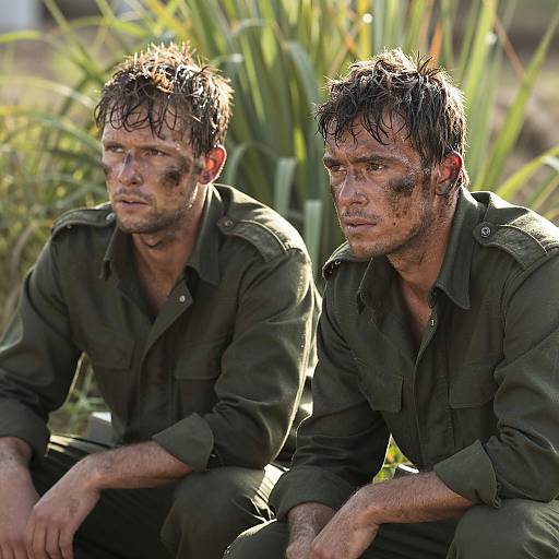 Two Men in Military Jackets with Dirty Faces Outdoors