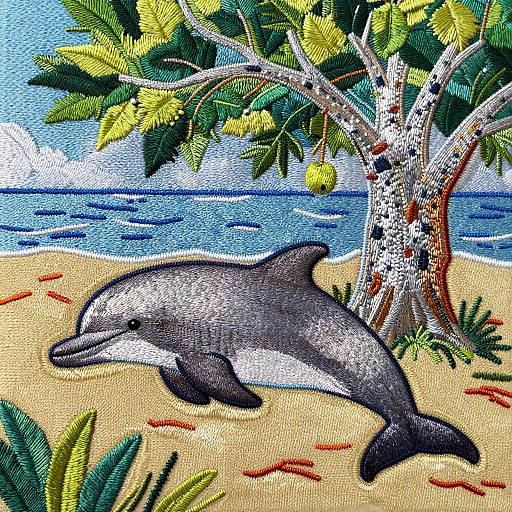 Embroidered Dolphin Beneath Tree of Life