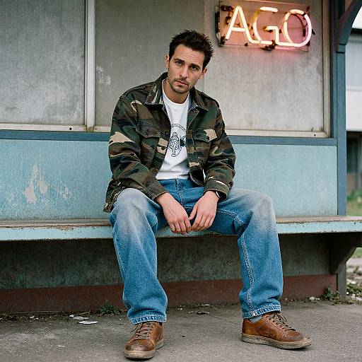 Photograph of a bearded man with short dark hair, wearing a camo jacket, white t-shirt, blue jeans, and brown shoes, sitting