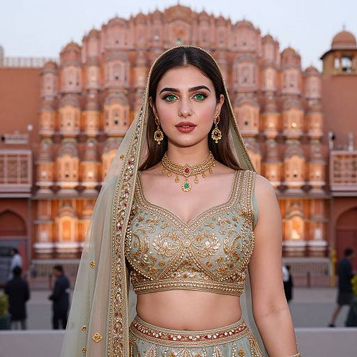 Photograph of a young Indian woman with long dark hair, green eyes, wearing a gold-embroidered green outfit and veil, standing in front