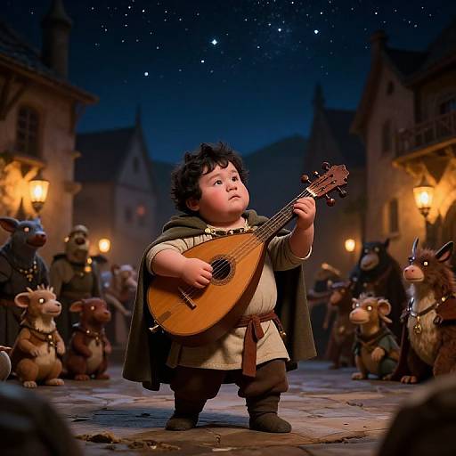 Digital illustration: chubby toddler with curly black hair plays lute in medieval town square at night, surrounded by anthropomorphic mice in medieval attire. Starry