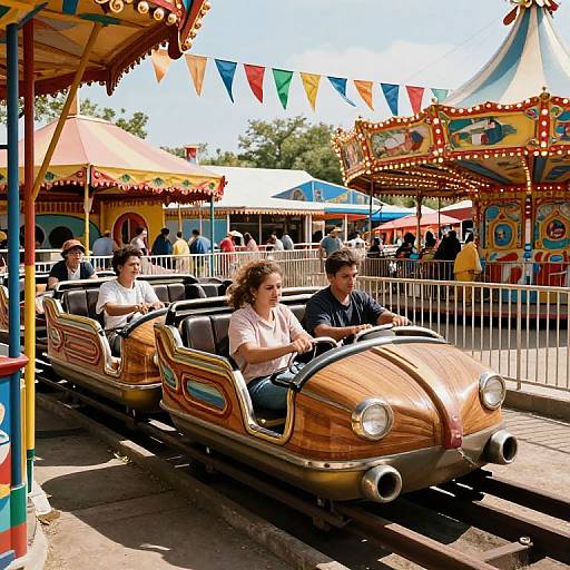 Photograph of a colorful amusement park with two adults riding a wooden, car-shaped ride, surrounded by vibrant carnival decorations and people.