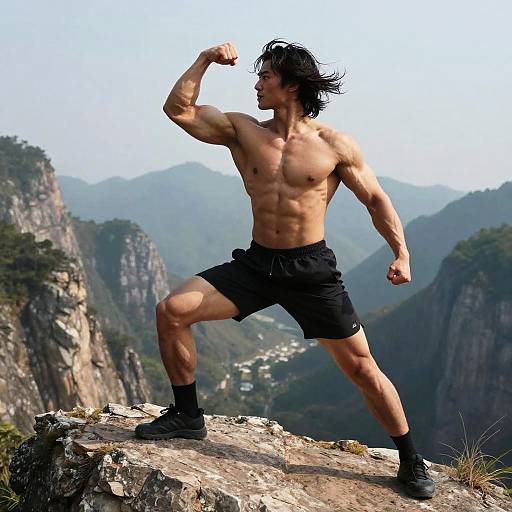 Heroic Muscular Man in Mountain Landscape