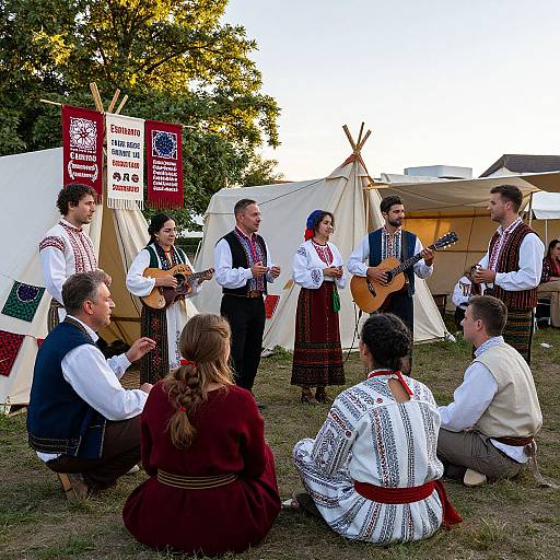 Photograph of traditional Eastern European folk musicians performing outdoors, wearing colorful embroidered vests and skirts, with tents and banners in the background.